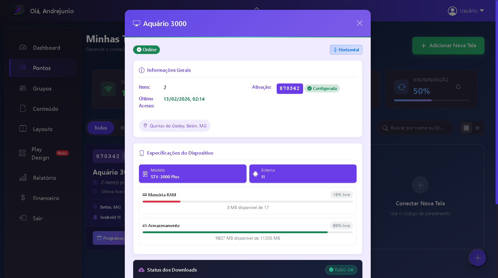 Informações detalhadas sobre telas
